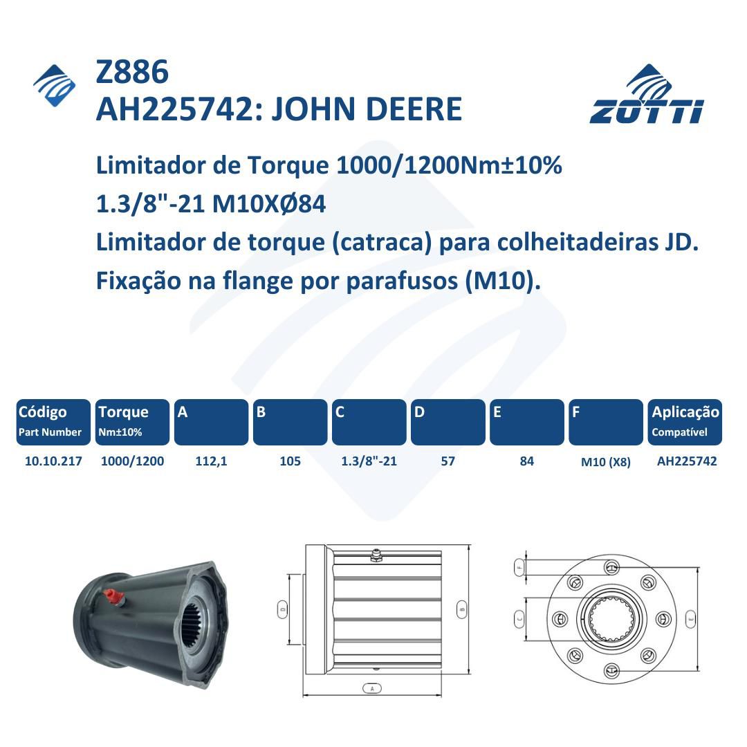 Z886 - LIMITADOR DE TORQUE FLANGE FIXO 1000/120000NM 1.3/8  JOHN DEERE AH225742